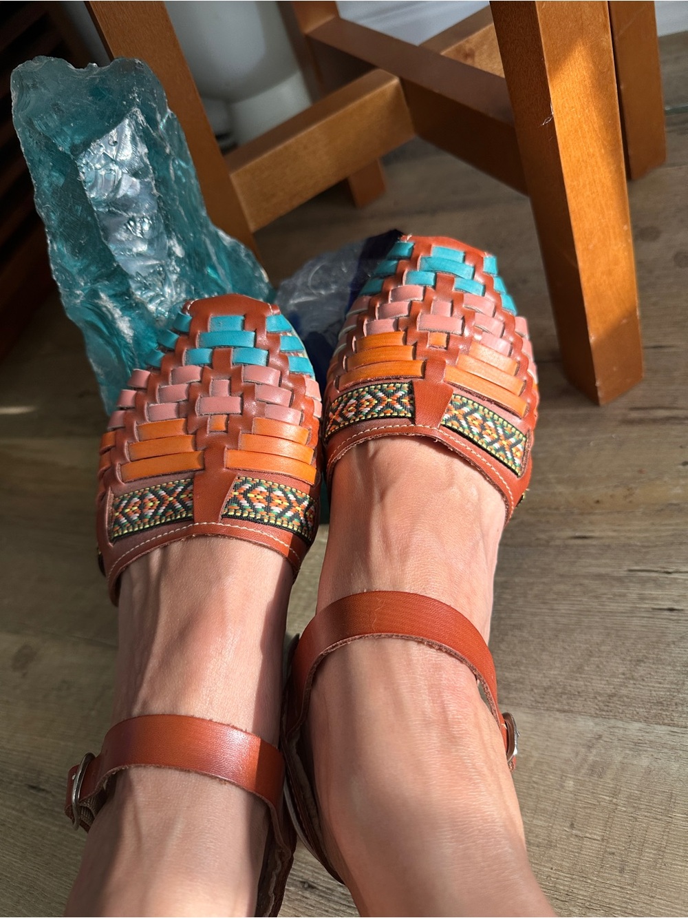 Woven Leather Huarache Sandals with Turquoise Accents - Women